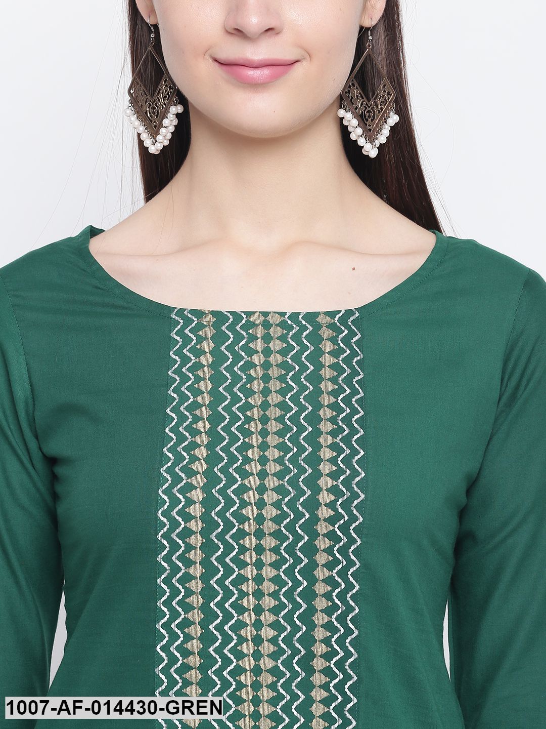 Gold Print Cotton Straight Kurta Palazzo Set (Dark Green,White)