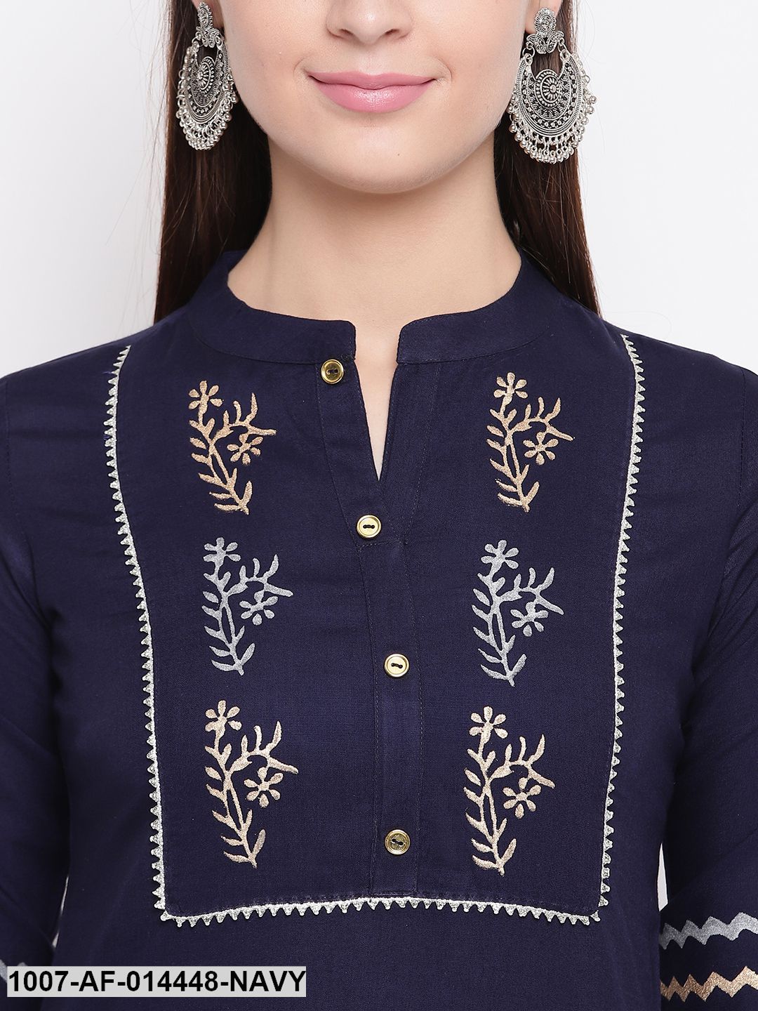 Hand Block Print Cotton Straight Kurta Pant Set (Navy Blue,White)