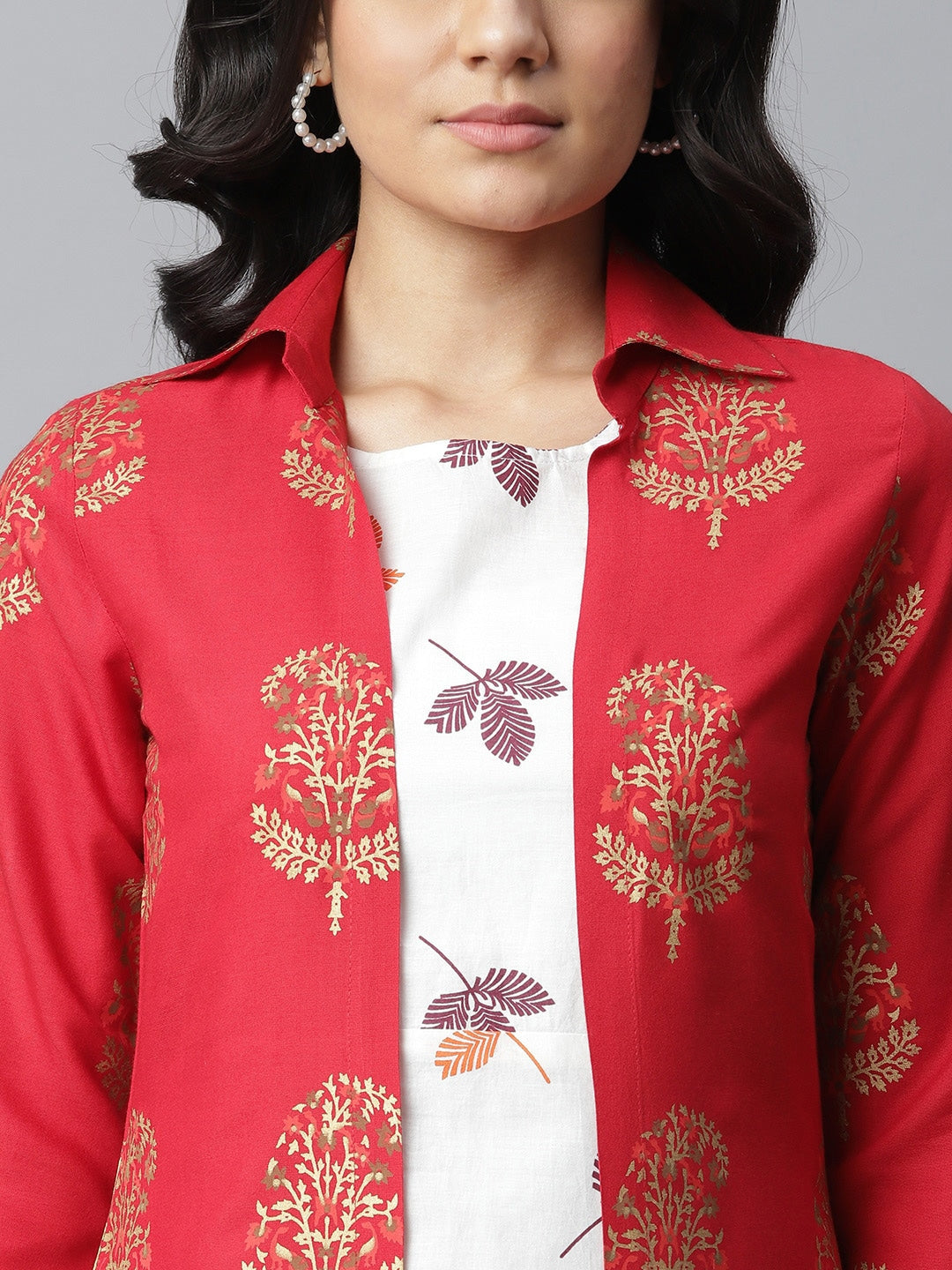 Printed Kurta with Jacket (Red,White)