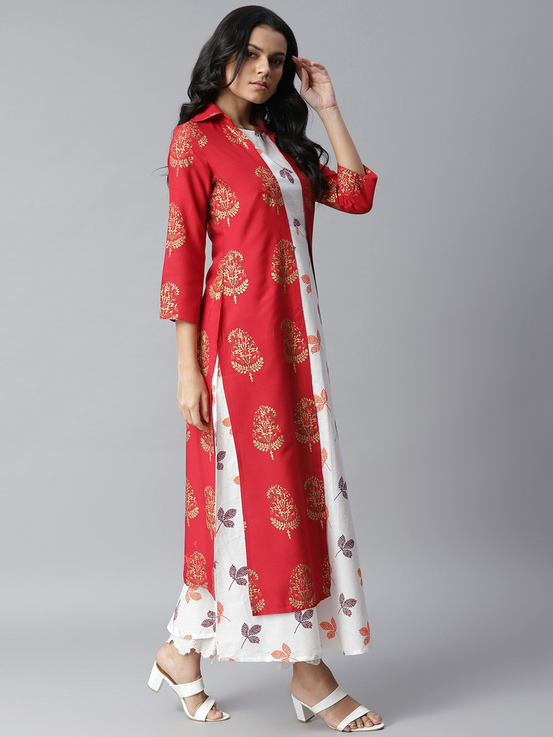 Printed Kurta with Jacket (Red,White)