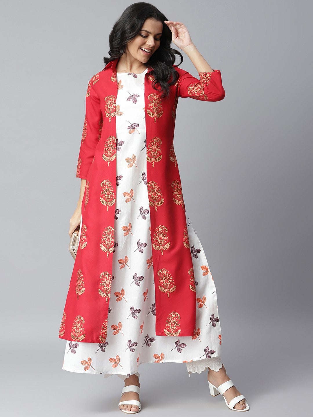 Printed Kurta with Jacket (Red,White)
