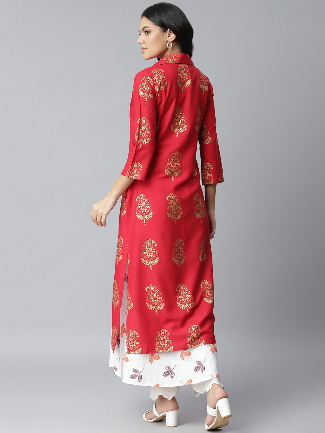 Printed Kurta with Jacket (Red,White)