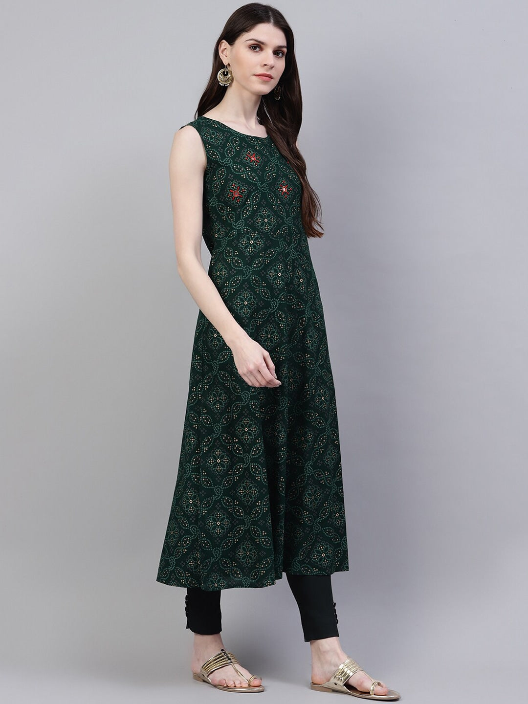 Bandhani Print Rayon Flared Kurta Dupatta Set (Dark Green)