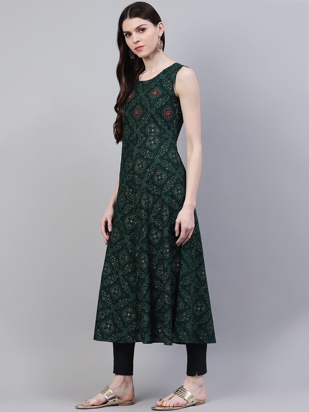 Bandhani Print Rayon Flared Kurta Dupatta Set (Dark Green)