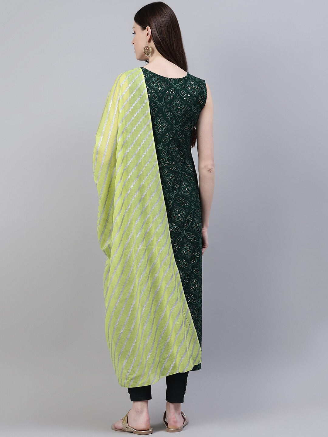 Bandhani Print Rayon Flared Kurta Dupatta Set (Dark Green)