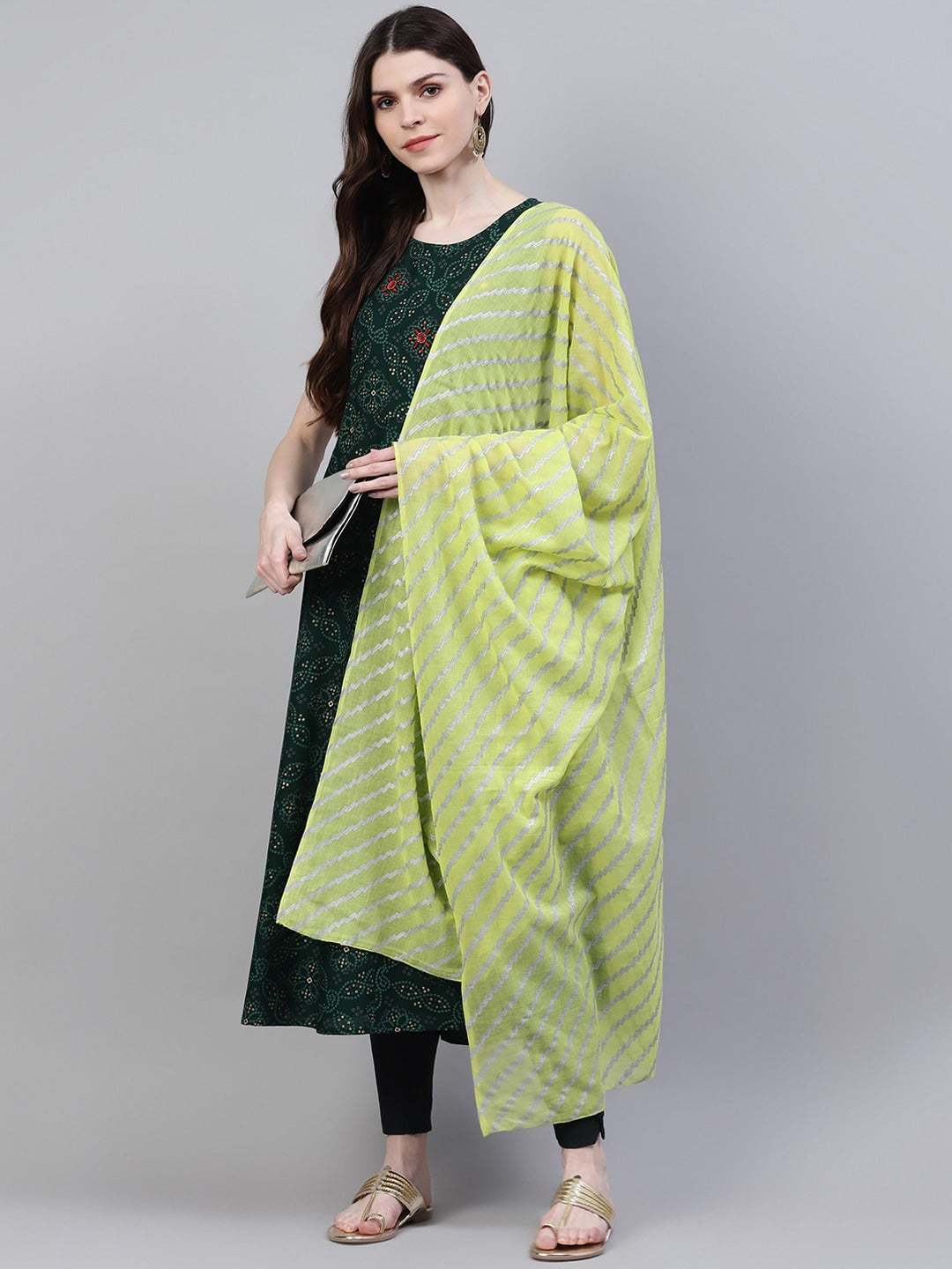 Bandhani Print Rayon Flared Kurta Dupatta Set (Dark Green)