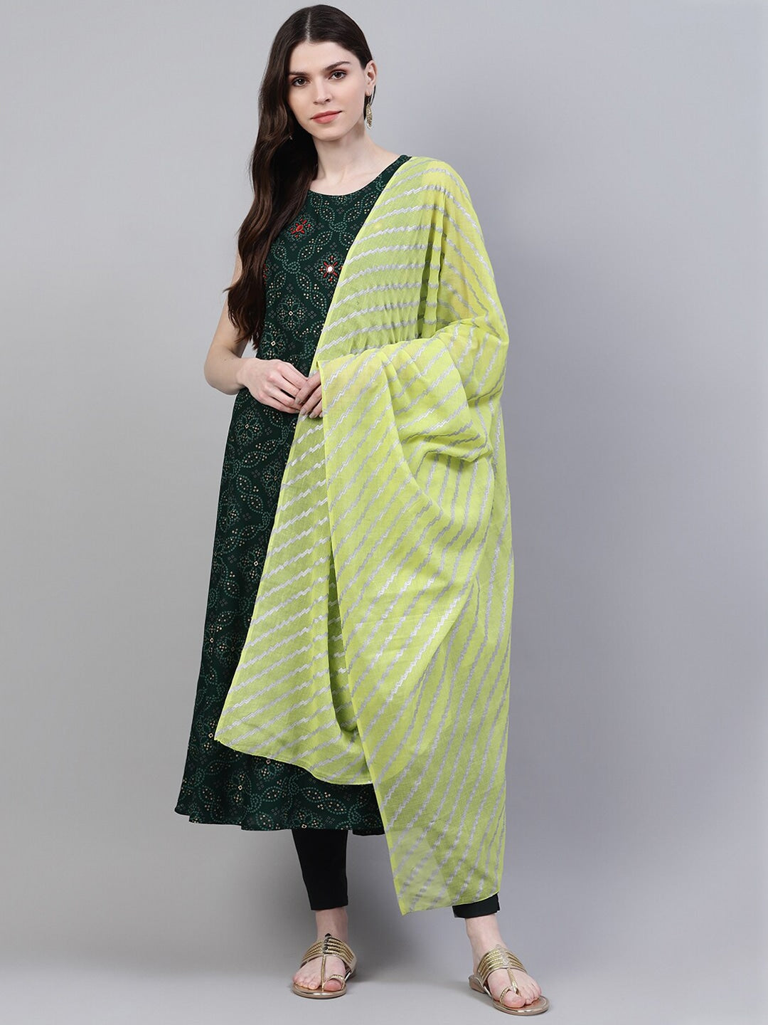 Bandhani Print Rayon Flared Kurta Dupatta Set (Dark Green)