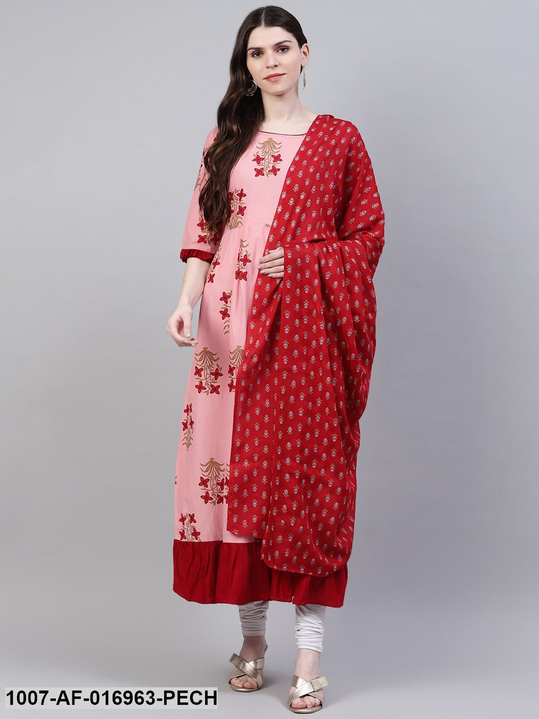 Floral Print Rayon Flared Kurta Dupatta Set (Peach)