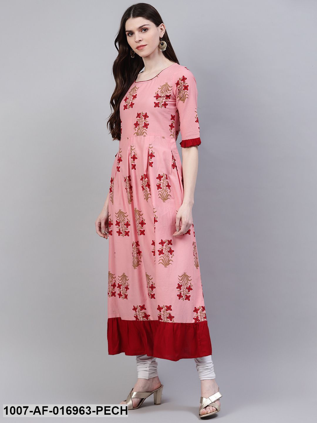 Floral Print Rayon Flared Kurta Dupatta Set (Peach)