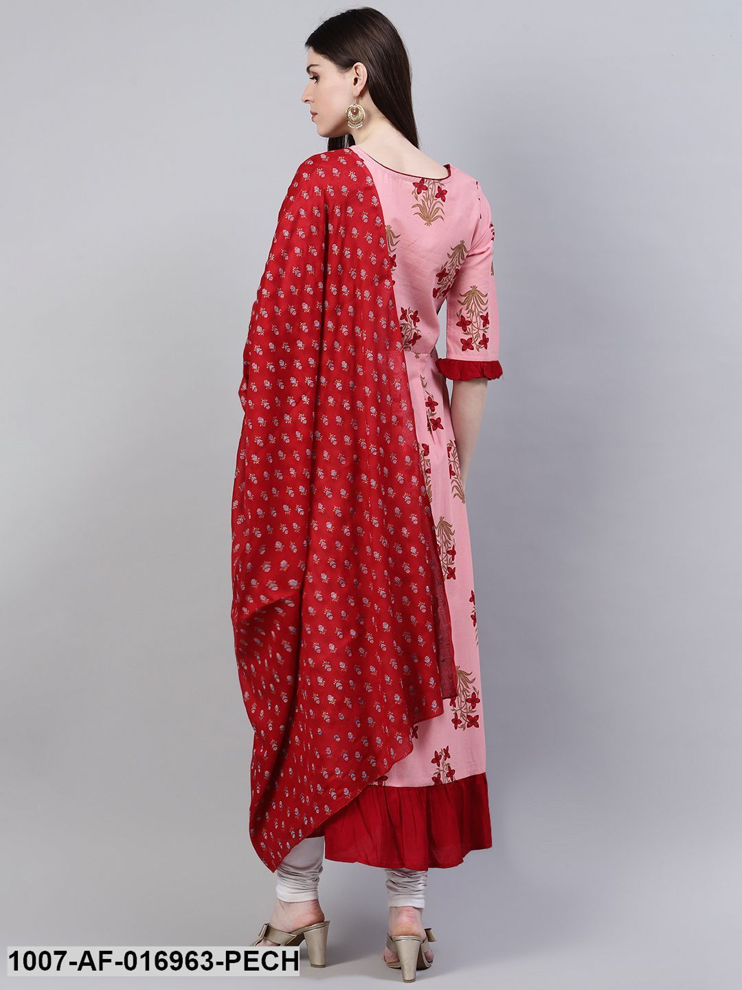 Floral Print Rayon Flared Kurta Dupatta Set (Peach)