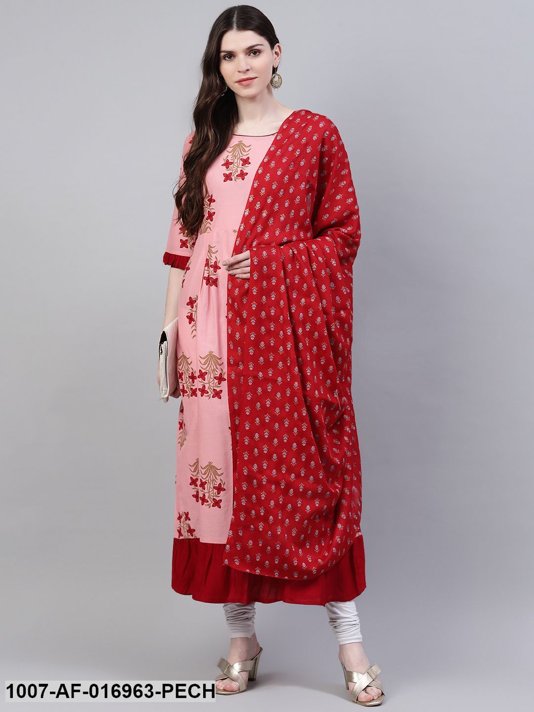 Floral Print Rayon Flared Kurta Dupatta Set (Peach)