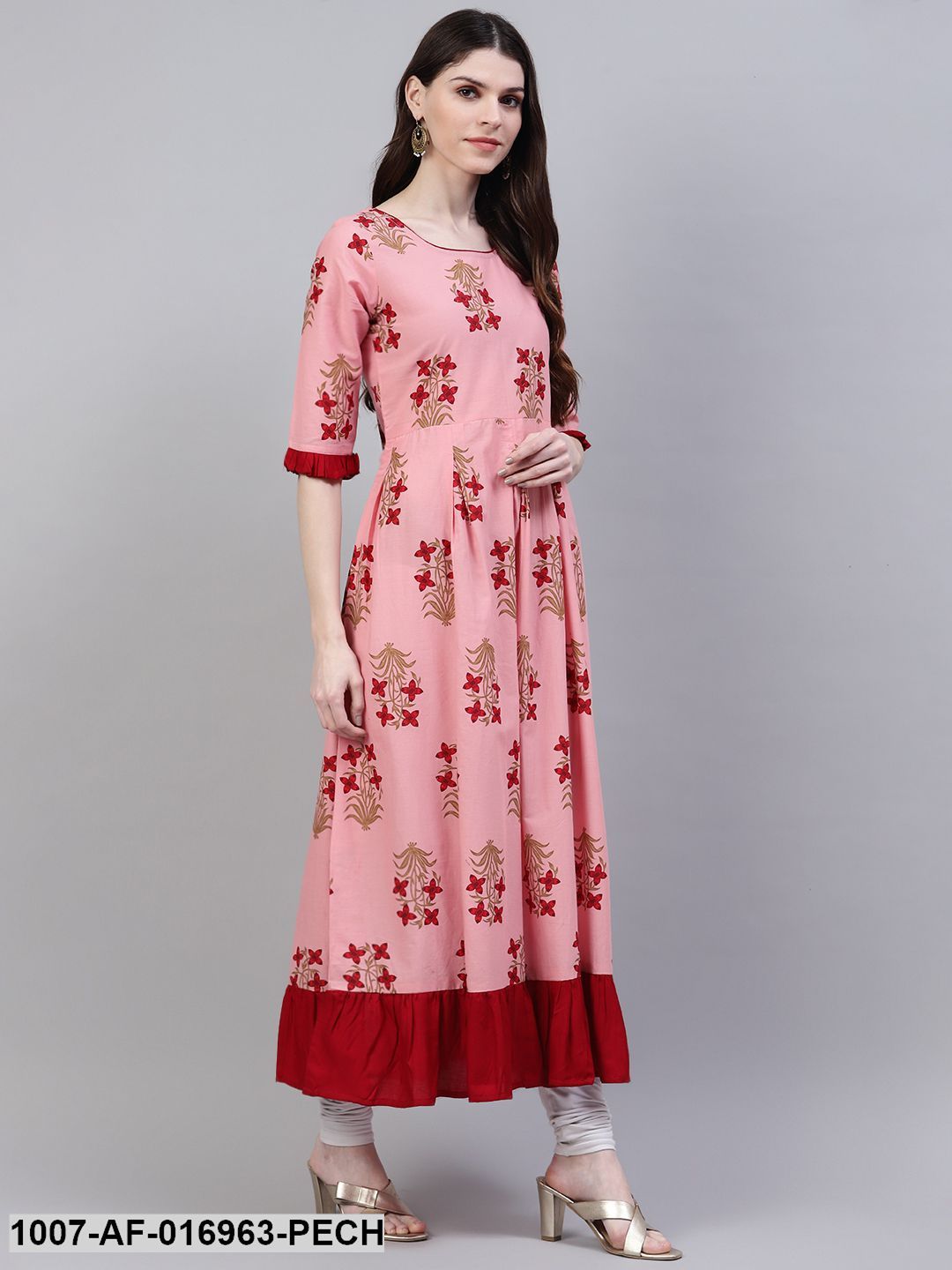 Floral Print Rayon Flared Kurta Dupatta Set (Peach)