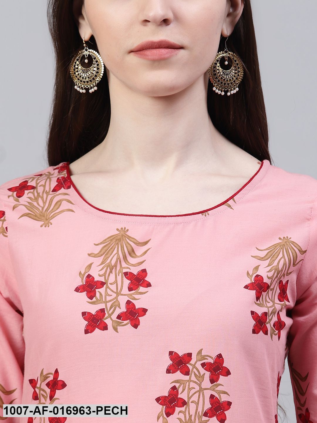 Floral Print Rayon Flared Kurta Dupatta Set (Peach)