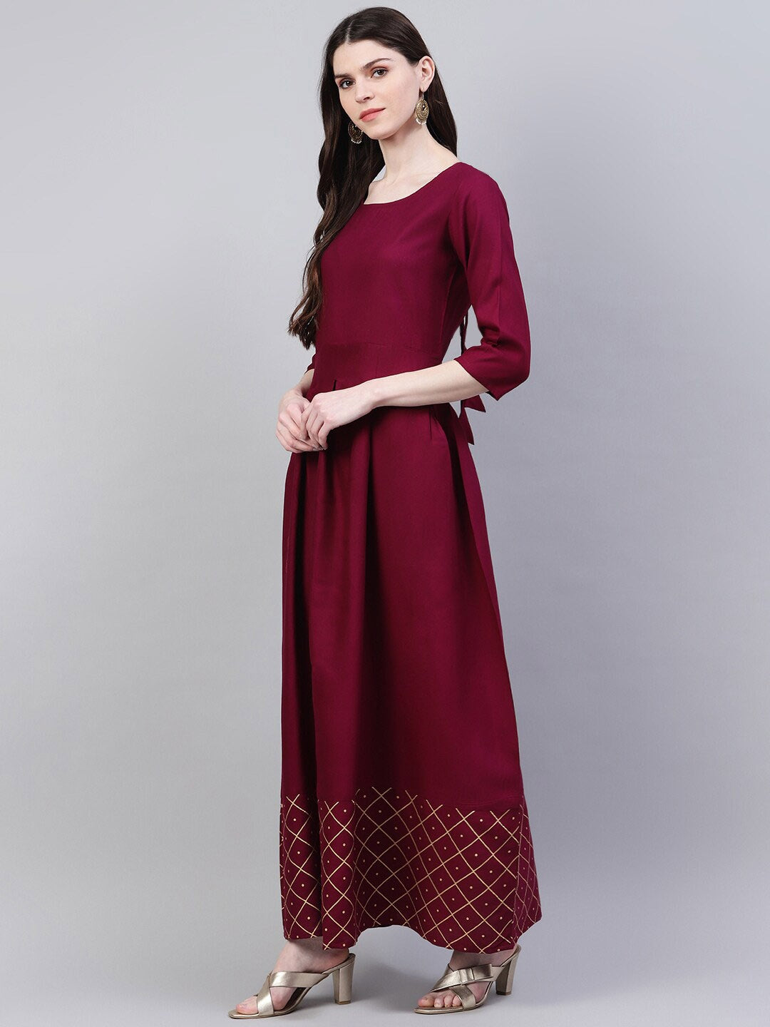 Gold Print Rayon Flared Kurta Dupatta Set (Wine)