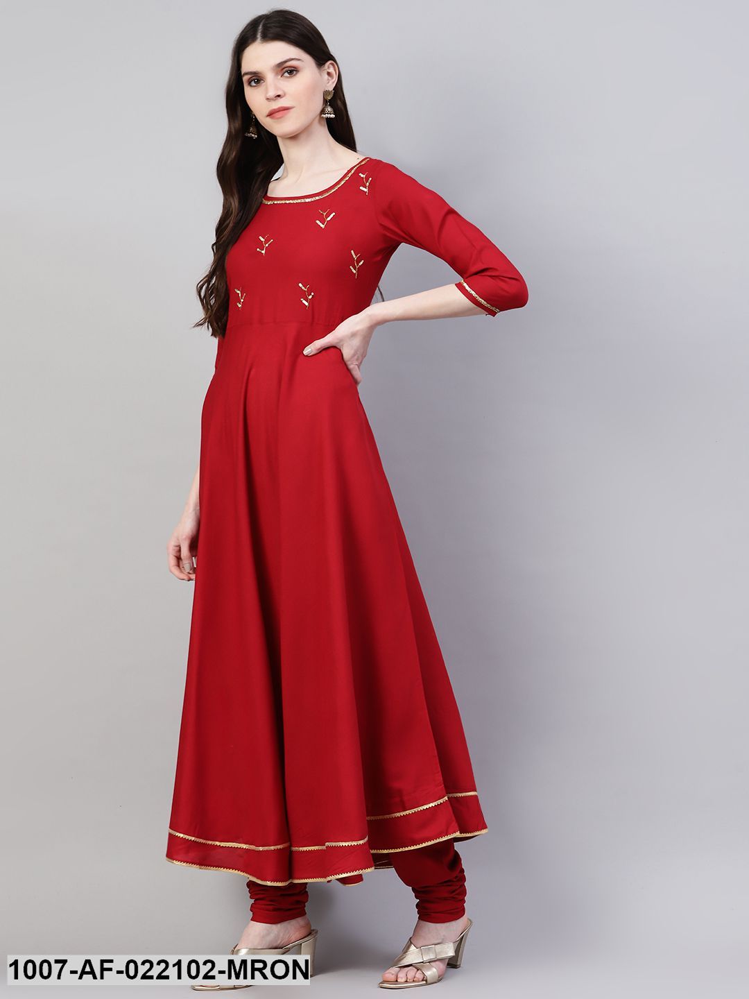 Women's Embroidered Rayon Flared Kurta Dupatta Set (Maroon)