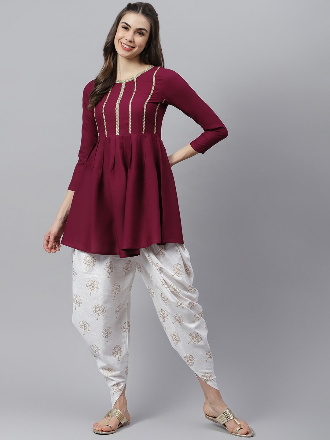 Women's Embellished Rayon Pleated kurta Dhoti Pant Set (Purple, Off White)