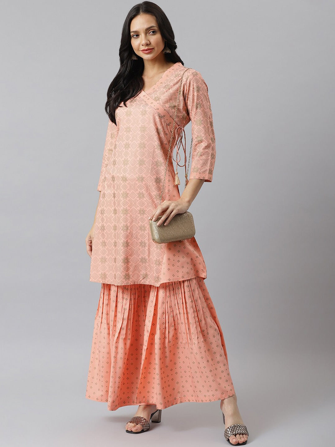 Gold Printed Rayon Angrakha Kurta with Sharara