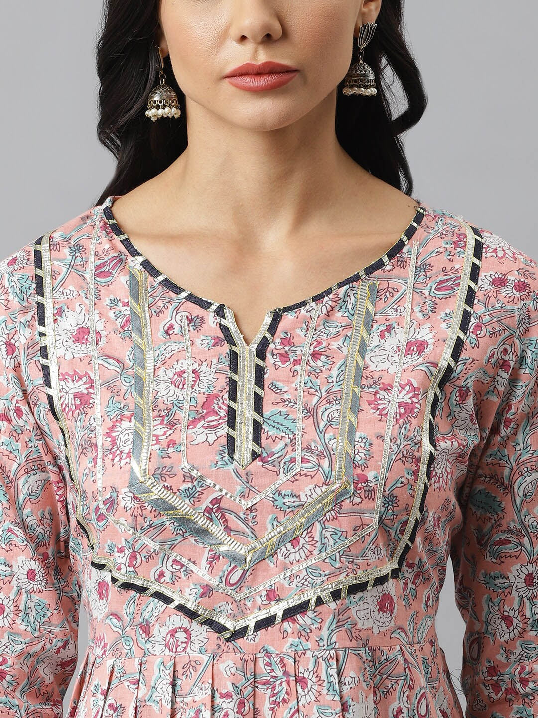 Floral Printed Cotton Pleated Kurta Dhoti Pant Set