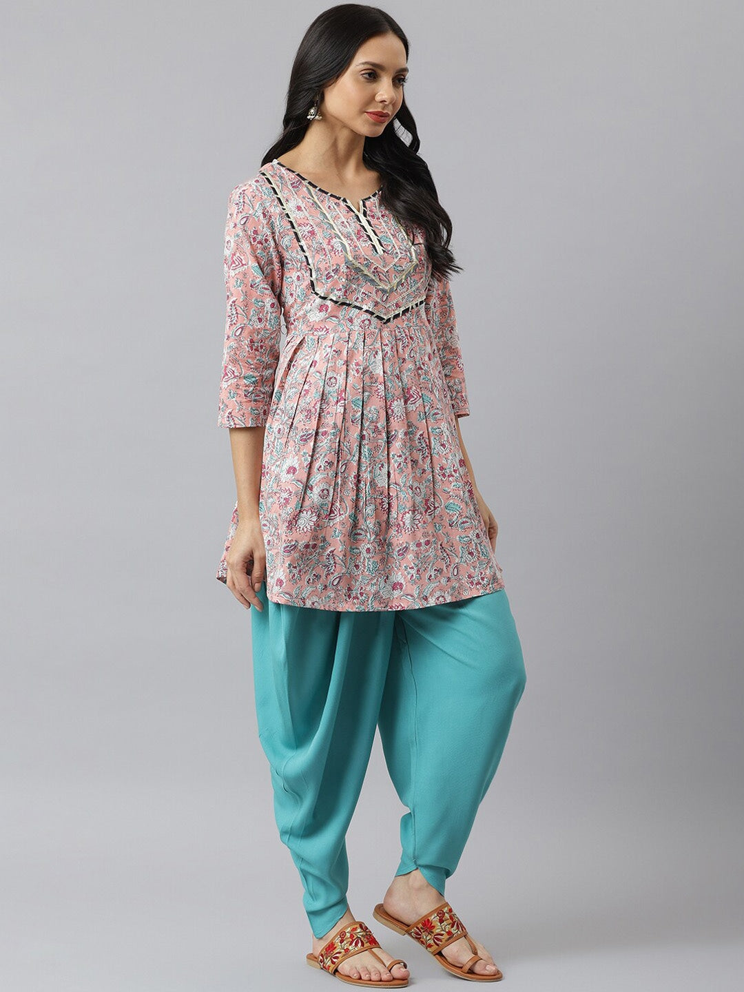 Floral Printed Cotton Pleated Kurta Dhoti Pant Set