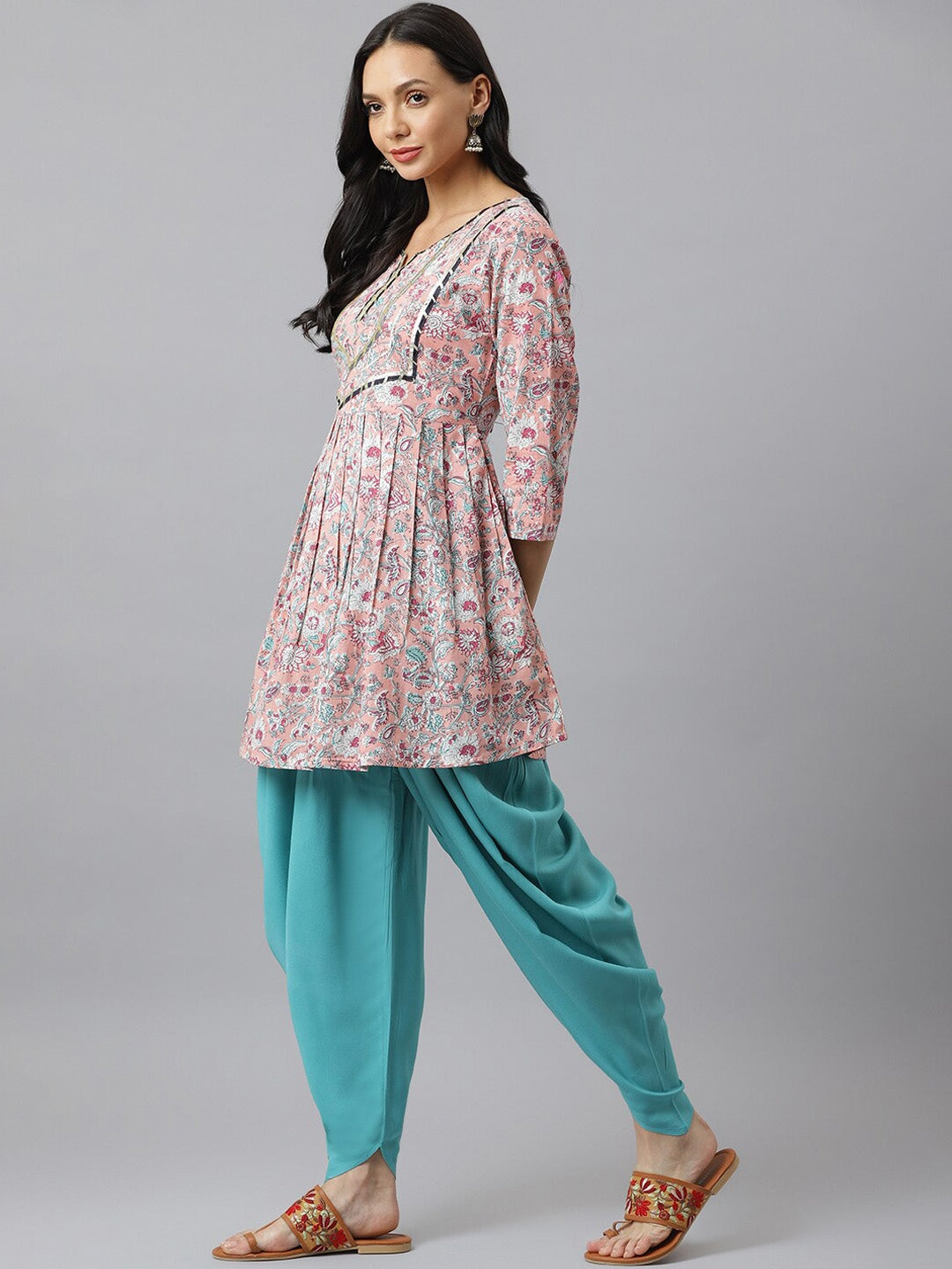 Floral Printed Cotton Pleated Kurta Dhoti Pant Set