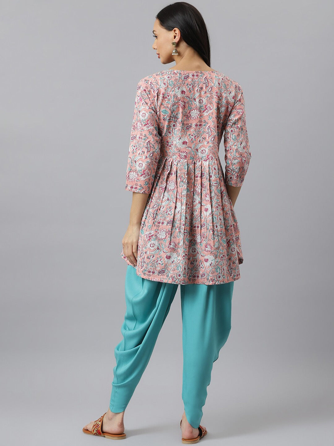 Floral Printed Cotton Pleated Kurta Dhoti Pant Set