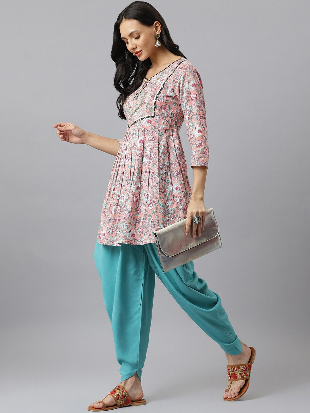 Floral Printed Cotton Pleated Kurta Dhoti Pant Set