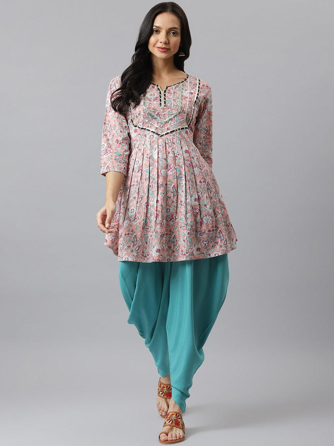 Floral Printed Cotton Pleated Kurta Dhoti Pant Set