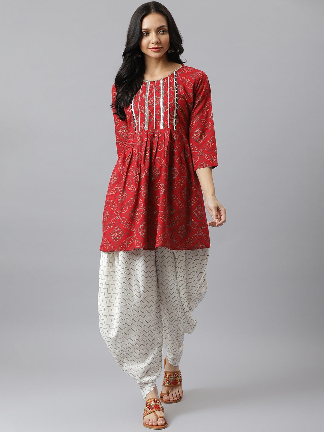 Bandhani Print Rayon Pleated Kurta Dhoti Pant Set