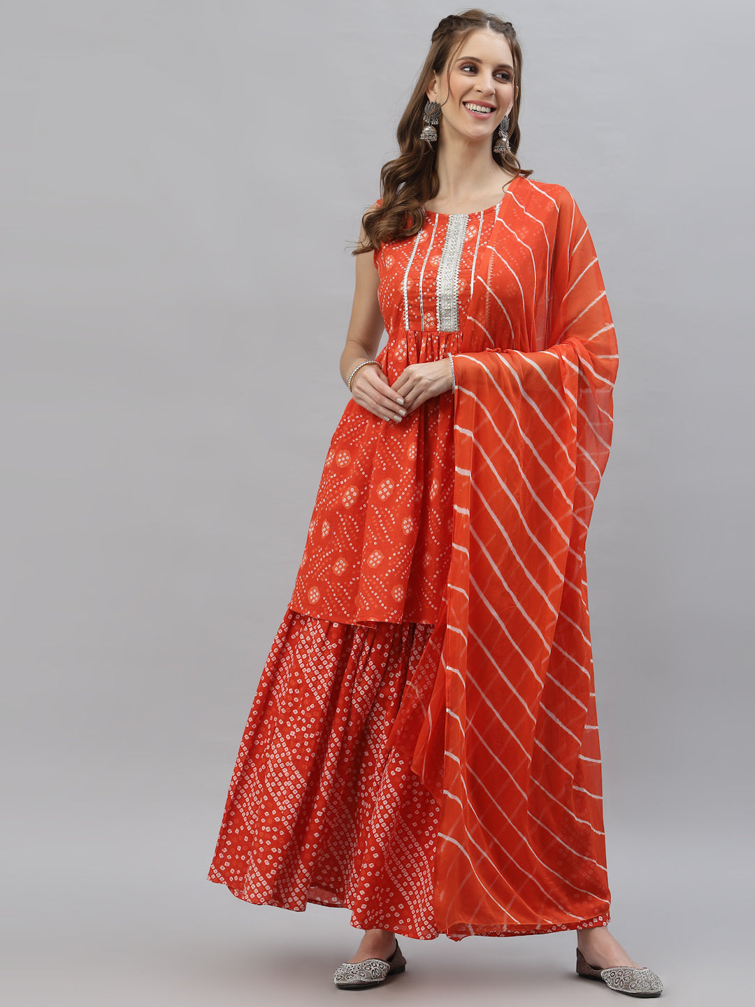 Bandhej printed Cotton Flared short Kurta Sharara Dupatta Set