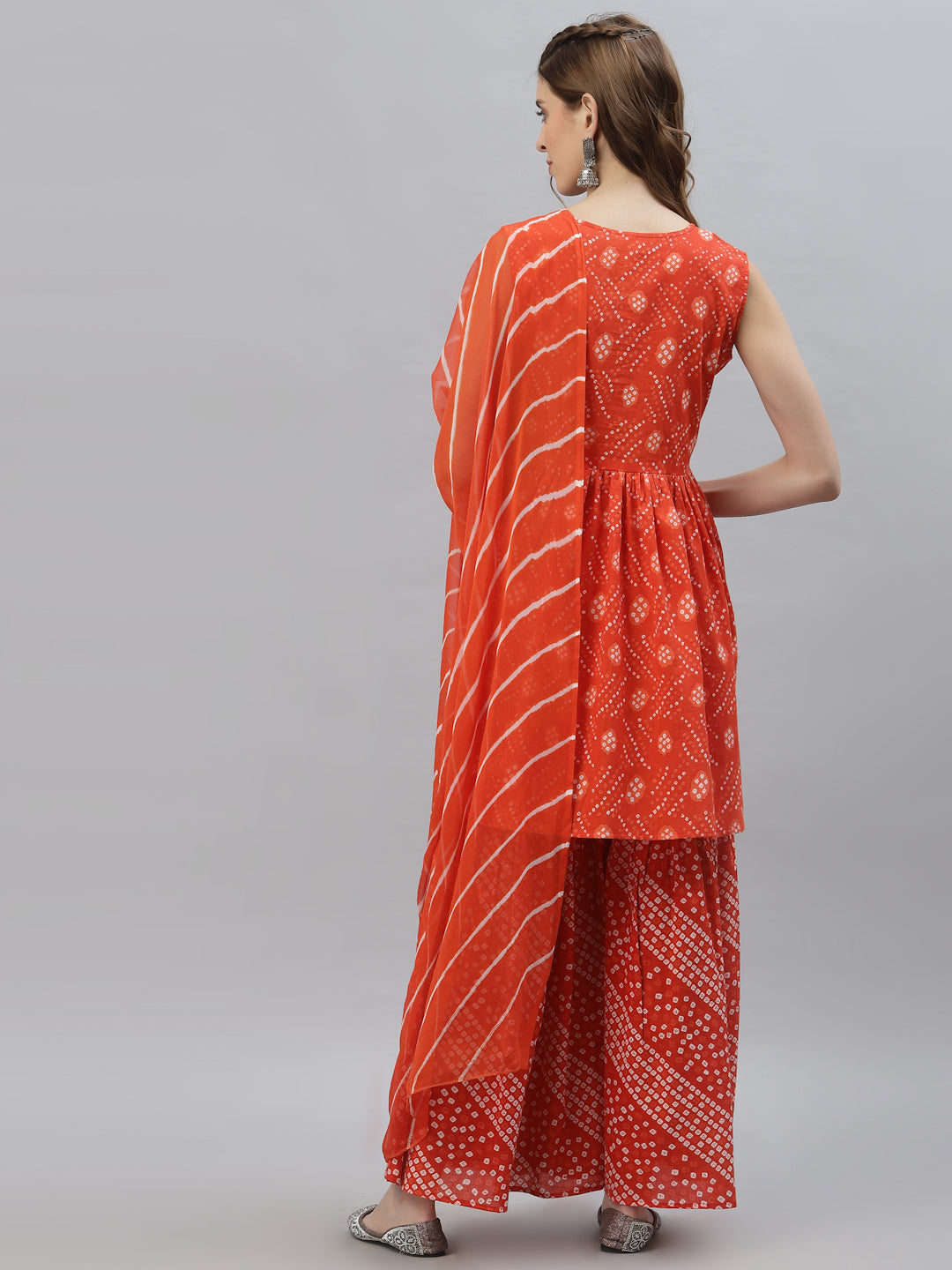 Bandhej printed Cotton Flared short Kurta Sharara Dupatta Set