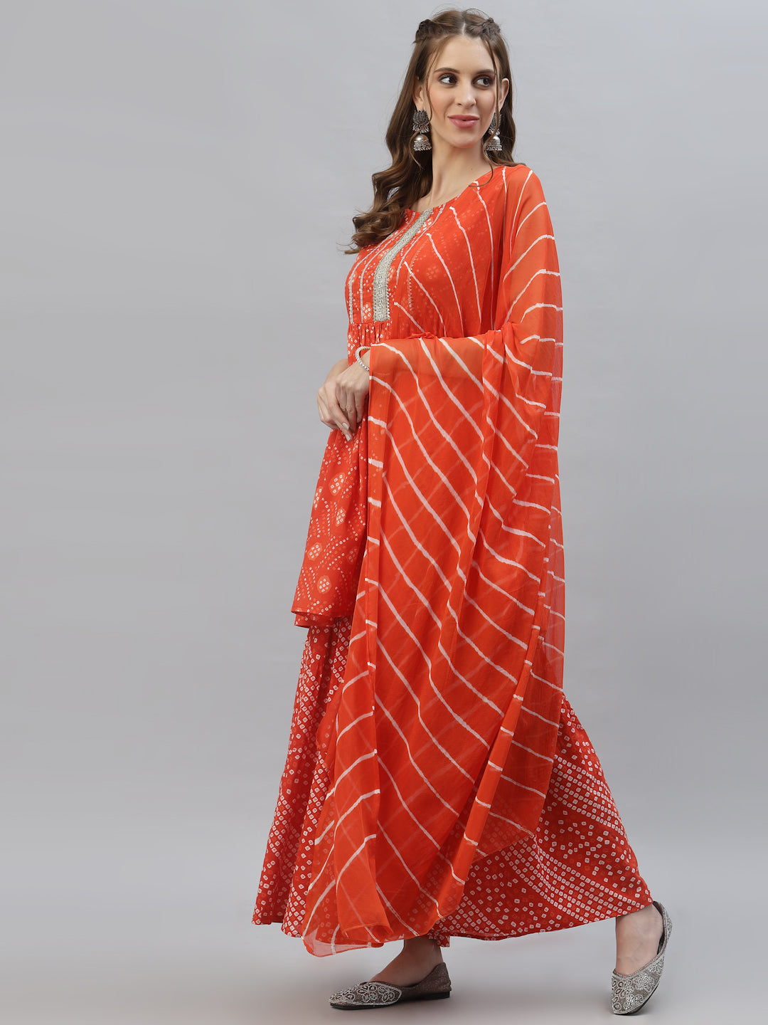 Bandhej printed Cotton Flared short Kurta Sharara Dupatta Set
