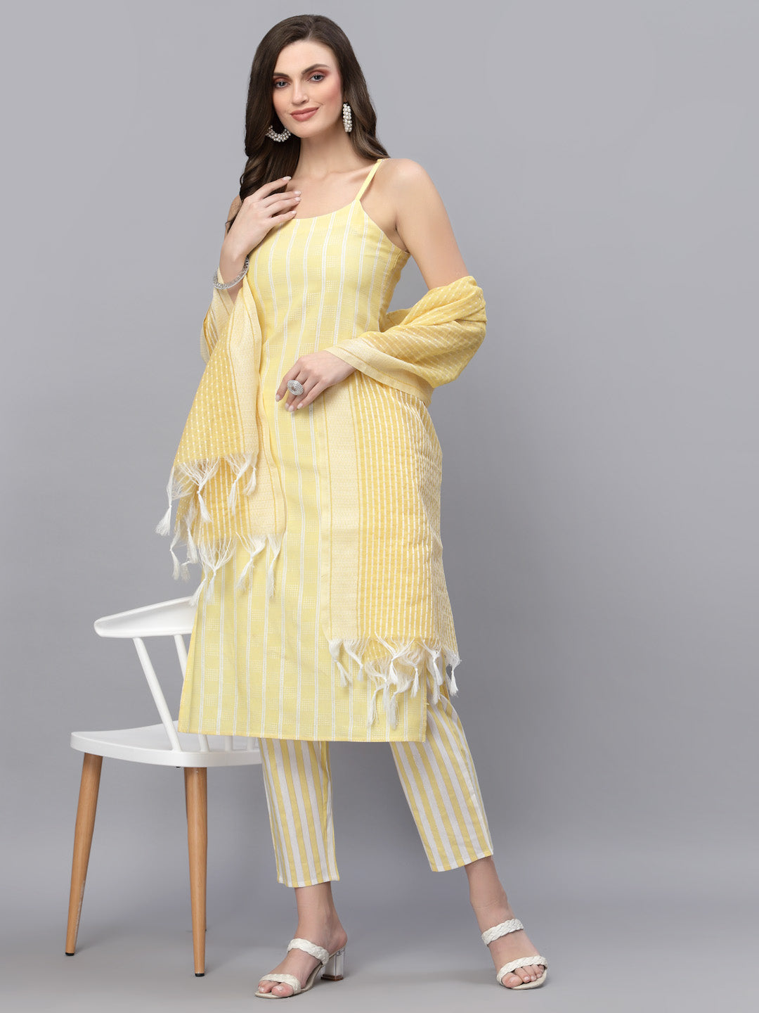 Woven designed Cotton Blend Straight Kurta Pant Dupatta Set