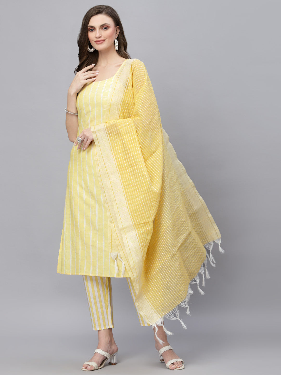 Woven designed Cotton Blend Straight Kurta Pant Dupatta Set