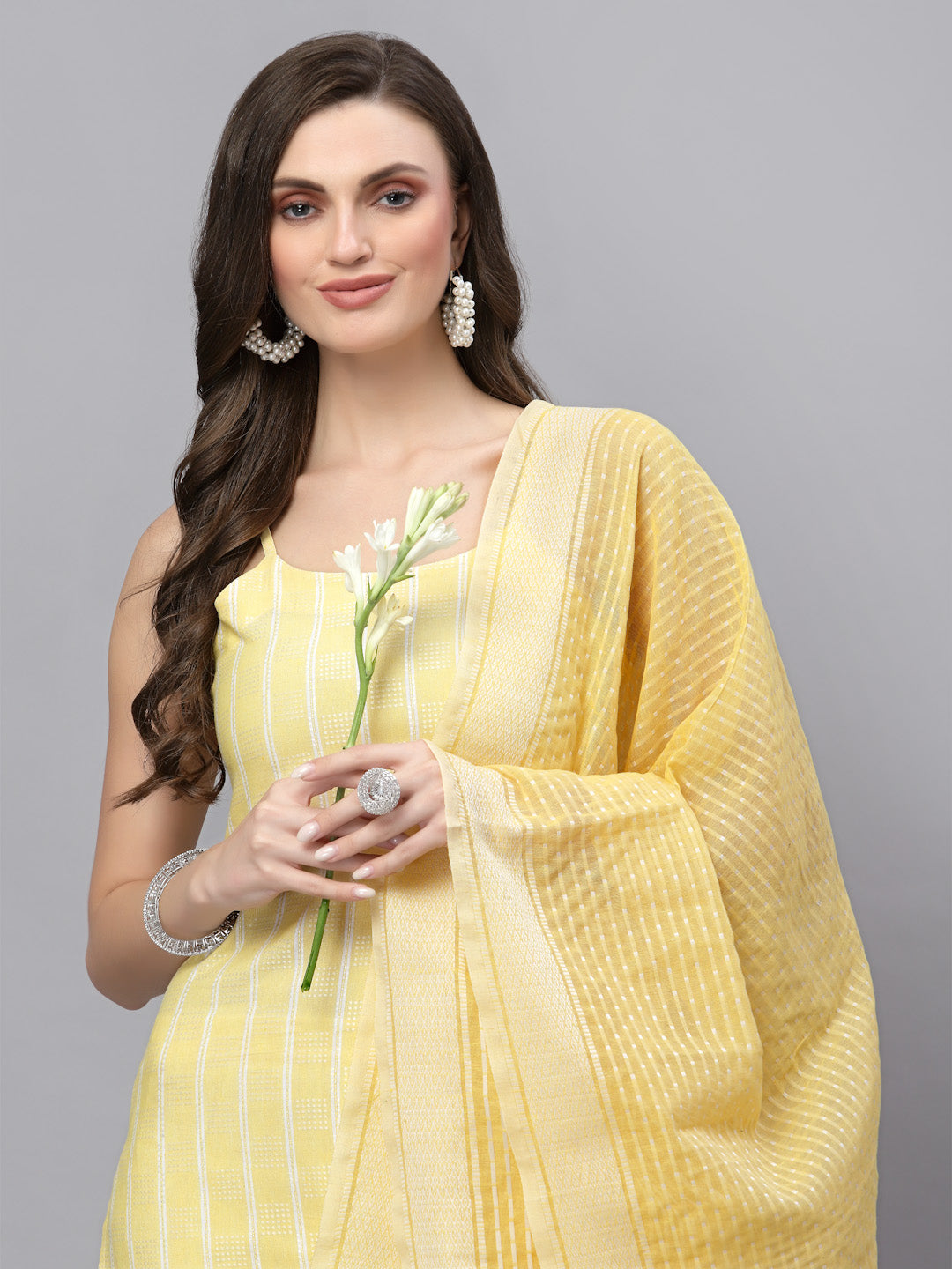 Woven designed Cotton Blend Straight Kurta Pant Dupatta Set