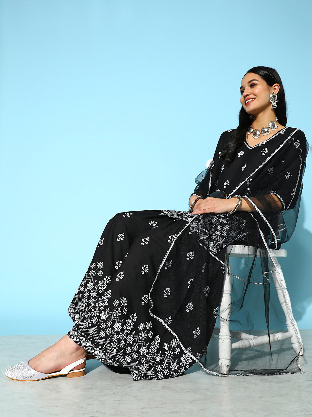 Printed Rayon Kurta Sharara Dupatta Set