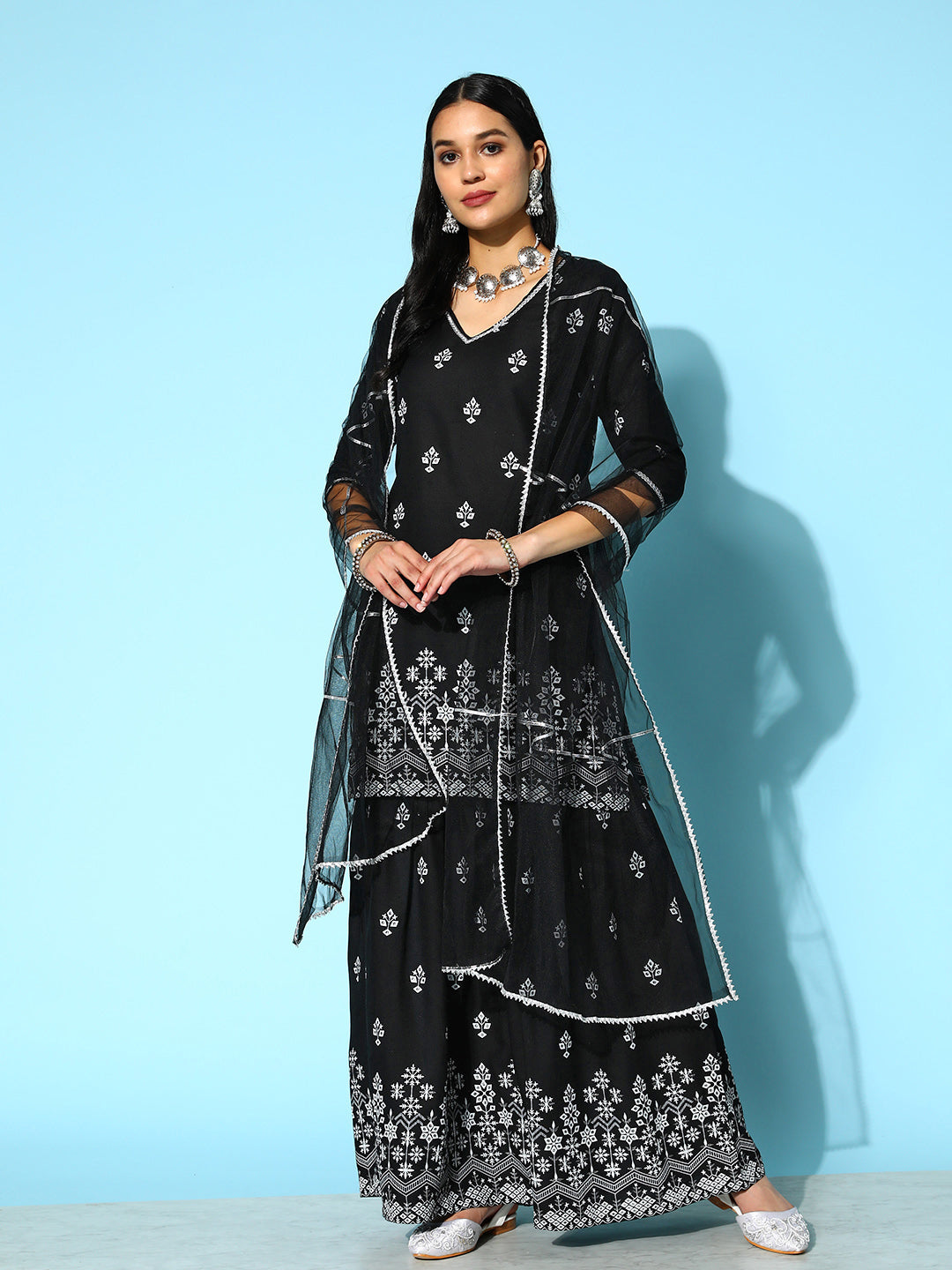 Printed Rayon Kurta Sharara Dupatta Set