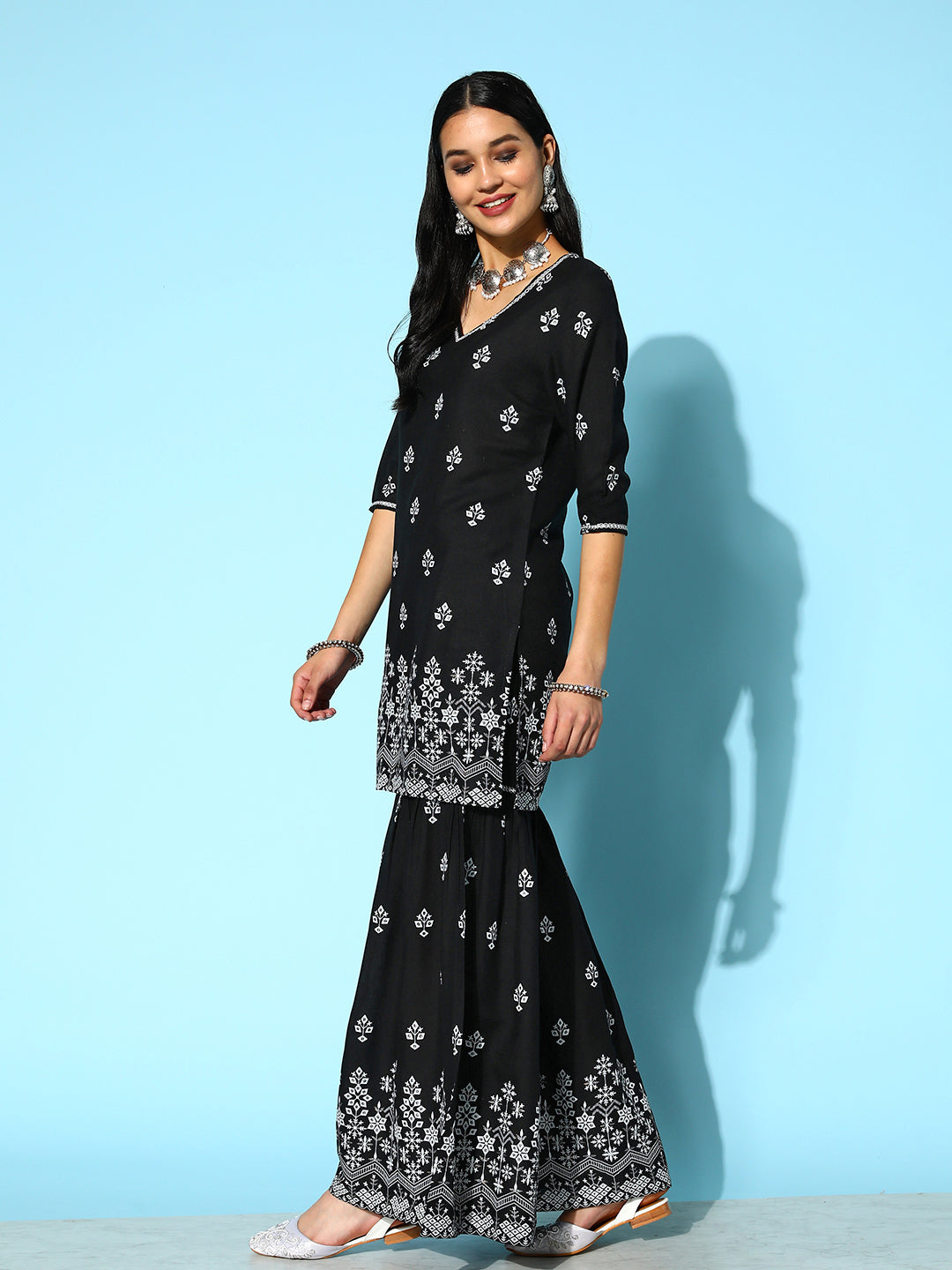 Printed Rayon Kurta Sharara Dupatta Set