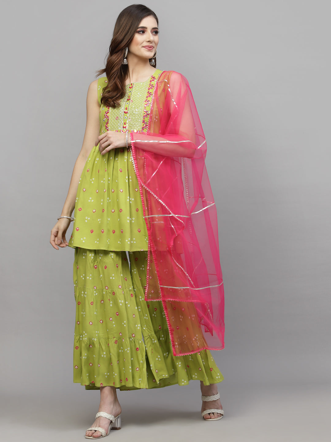 Bandhej Printed & Embroidered Rayon Kurti Sharara Dupatta Set