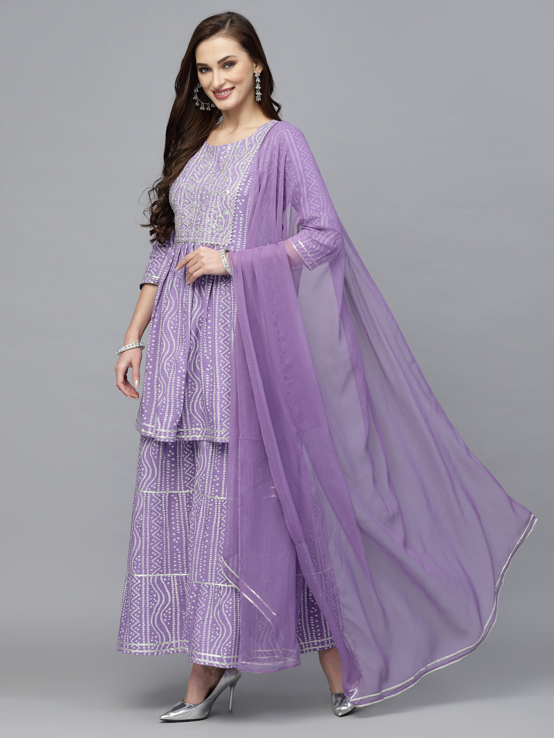 Bandhej Printed & Embroidered Kurta Sharara Dupatta Set