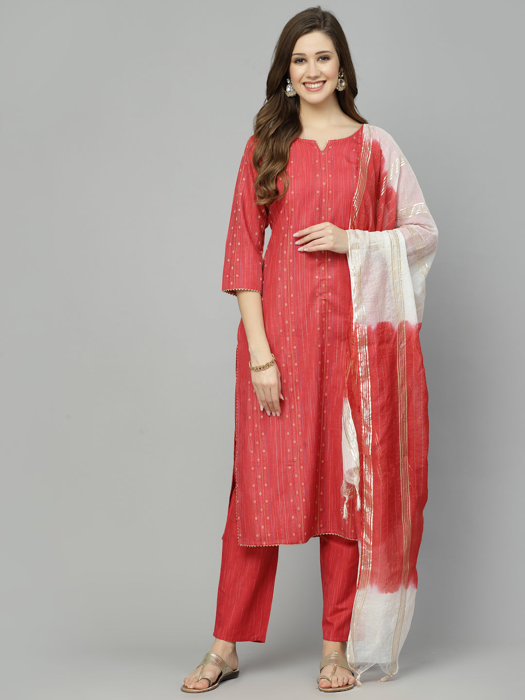 Woven Design Cotton Blend Straight Kurta Pant Dupatta Set