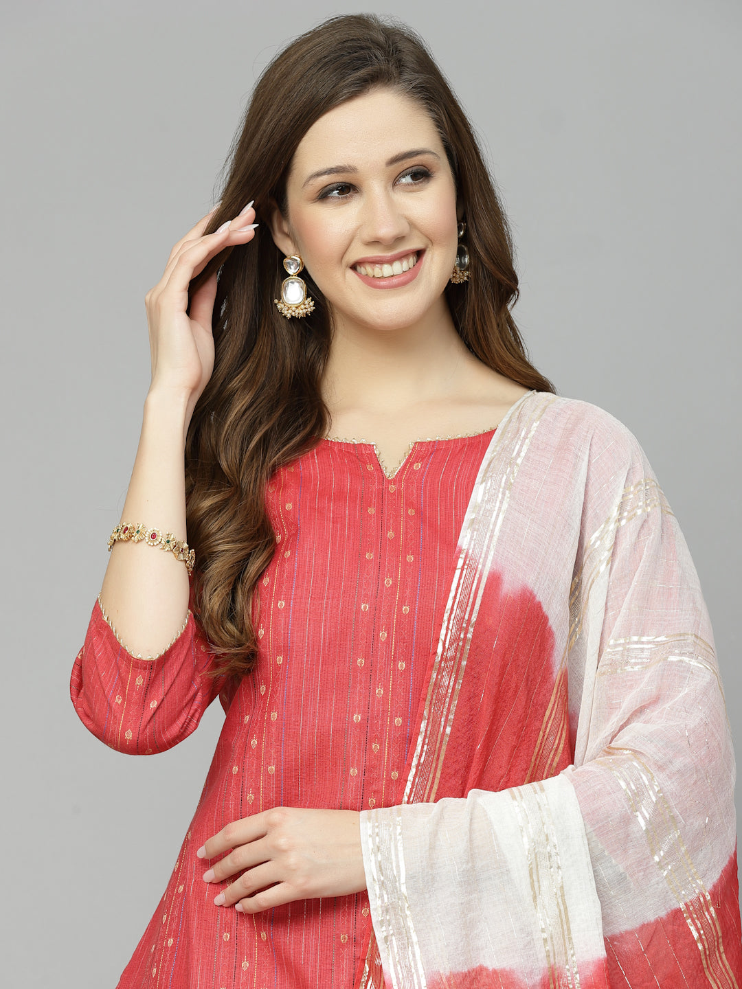 Woven Design Cotton Blend Straight Kurta Pant Dupatta Set