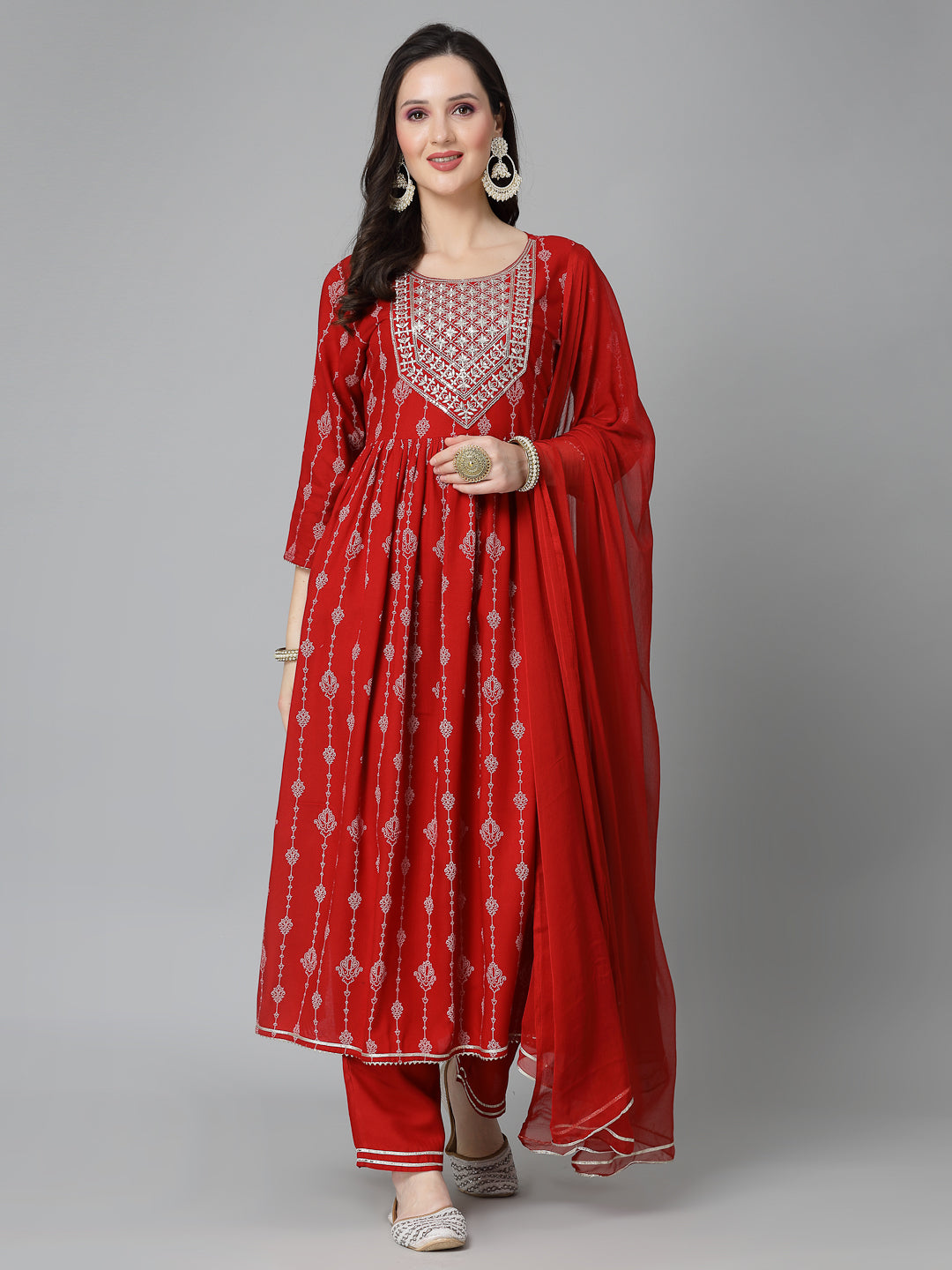 Printed & Embroidered Naira Cut Kurta Pant Dupatta Set