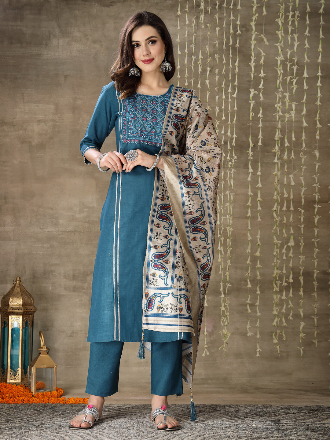 Embroidered Cotton Blend Straight Kurta Pant Dupatta Set