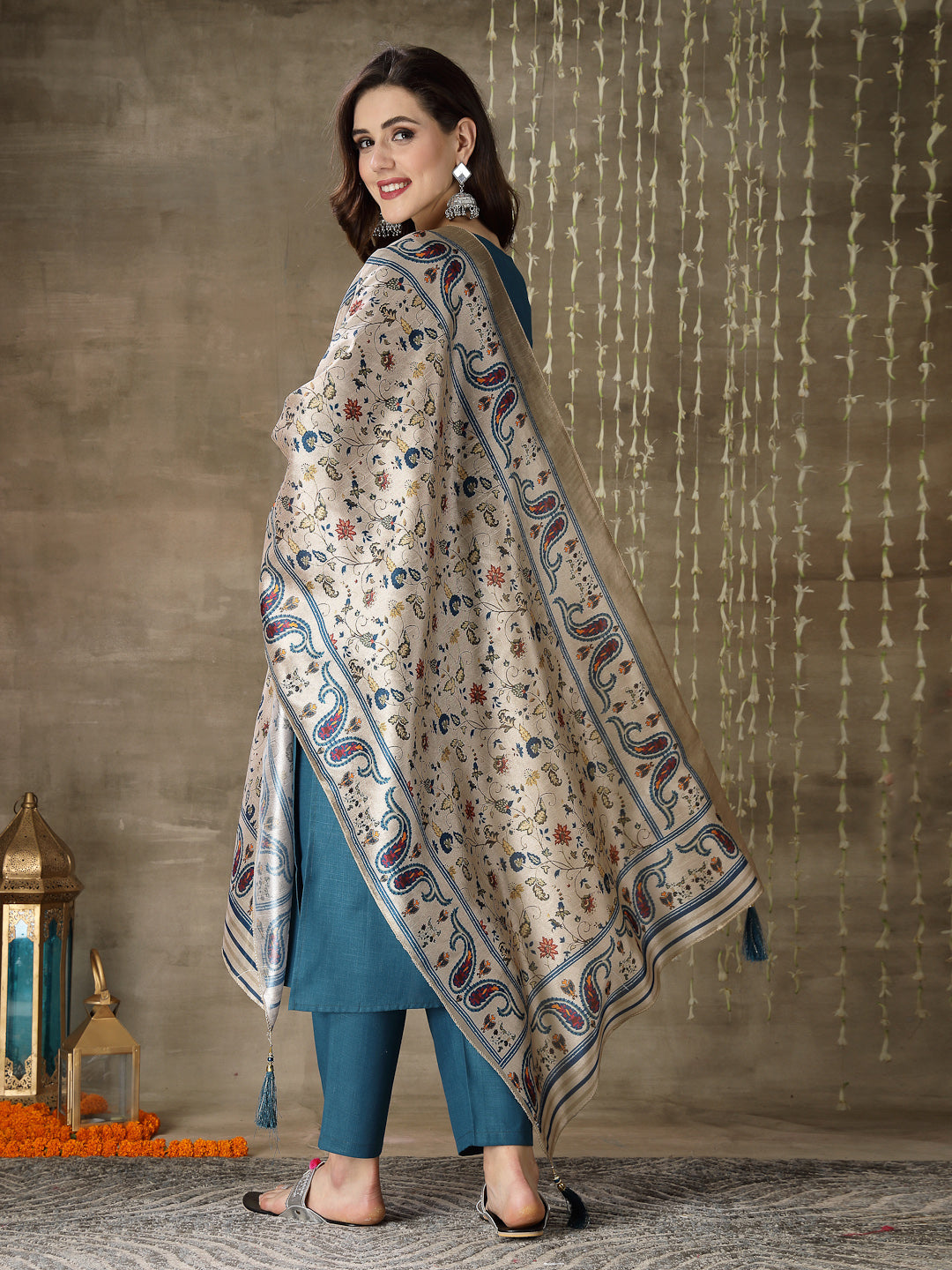 Embroidered Cotton Blend Straight Kurta Pant Dupatta Set