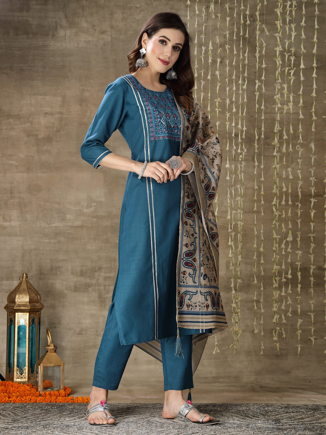 Embroidered Cotton Blend Straight Kurta Pant Dupatta Set
