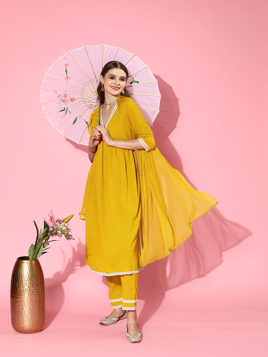 Solid Crepe Naira cut Kurta Pant Dupatta Set