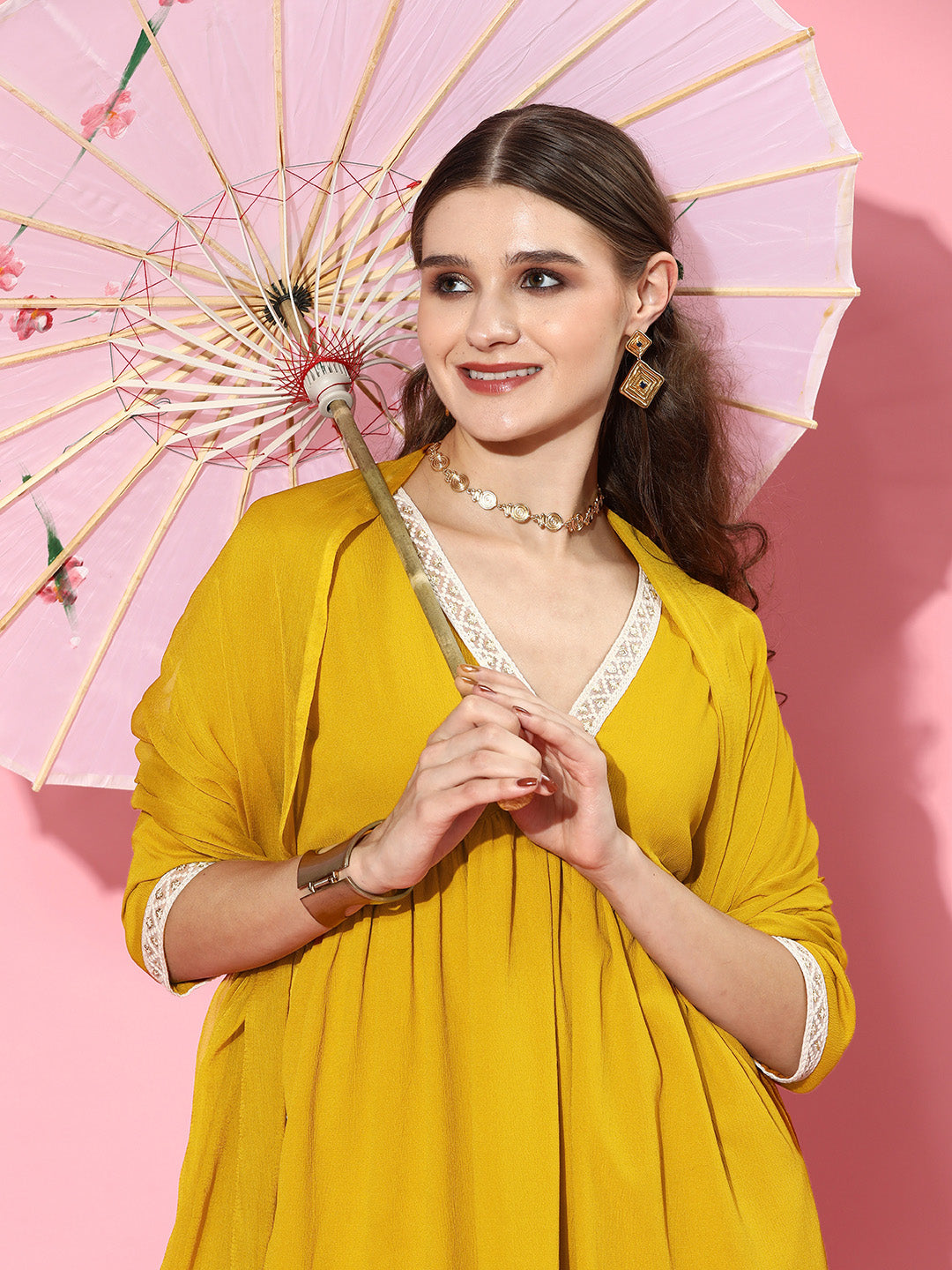 Solid Crepe Naira cut Kurta Pant Dupatta Set