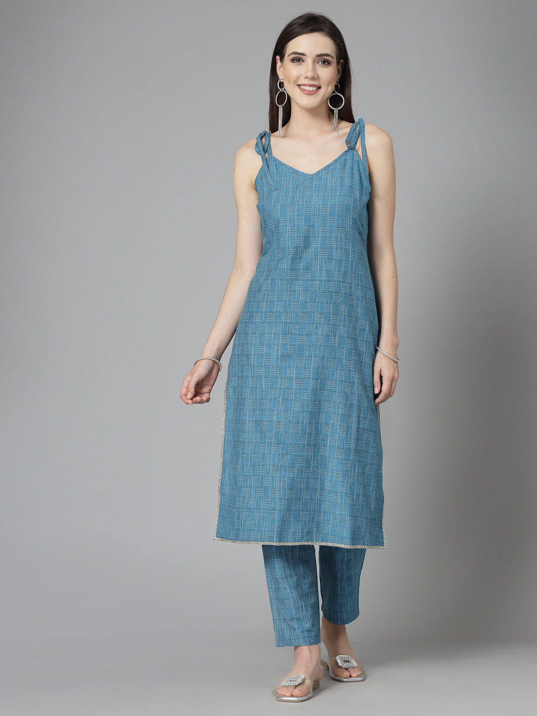 Woven Designed Cotton Blend Straight Kurta Pant Set