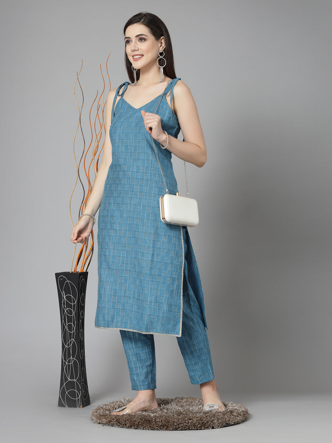 Woven Designed Cotton Blend Straight Kurta Pant Set