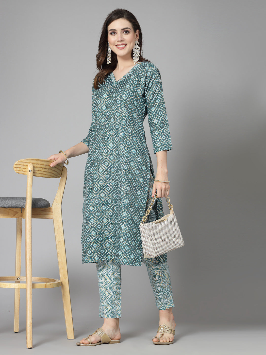 Printed Cotton Blend Straight Kurta Pant Set